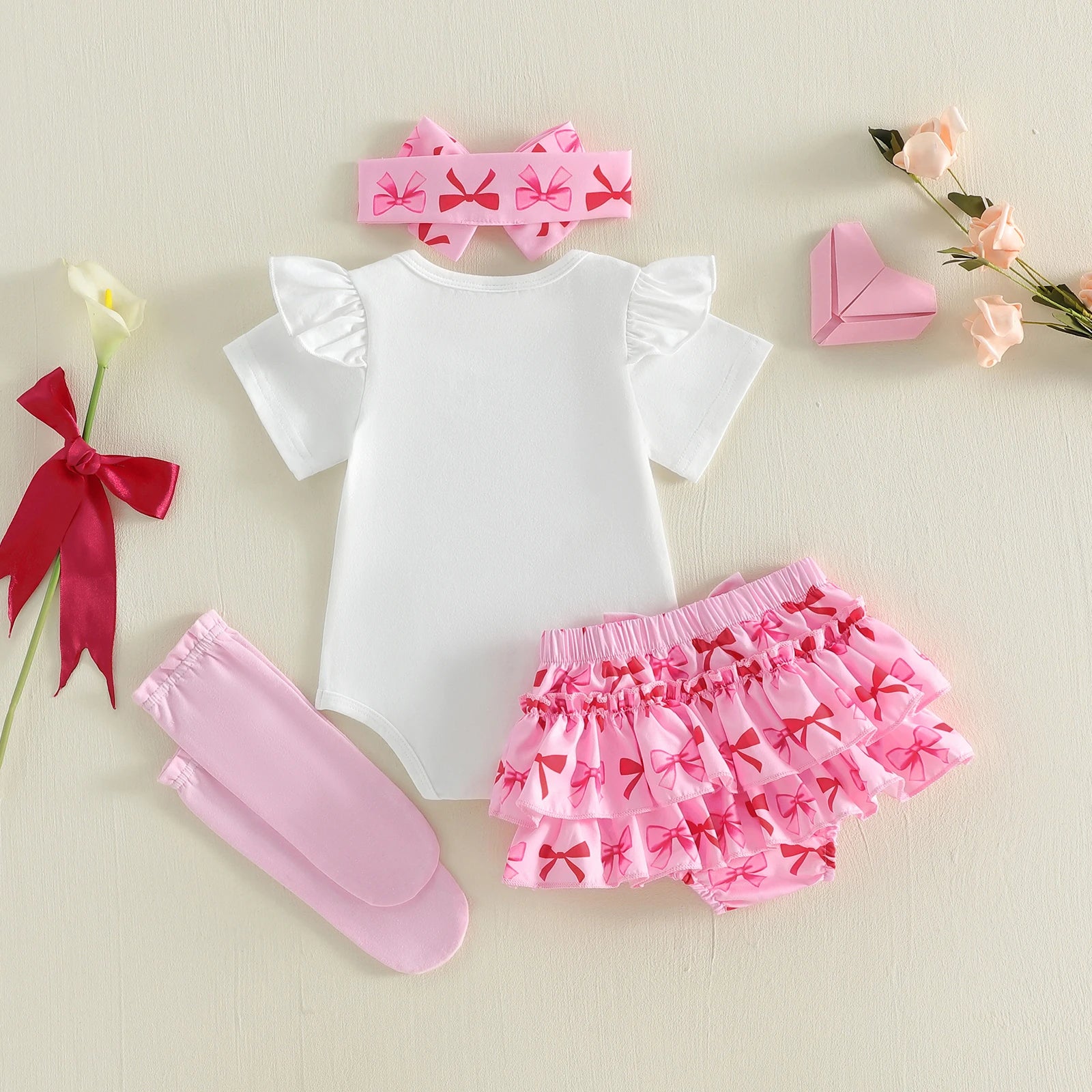 Infant Baby Girls Letter Print Rompers Bow Shorts Set