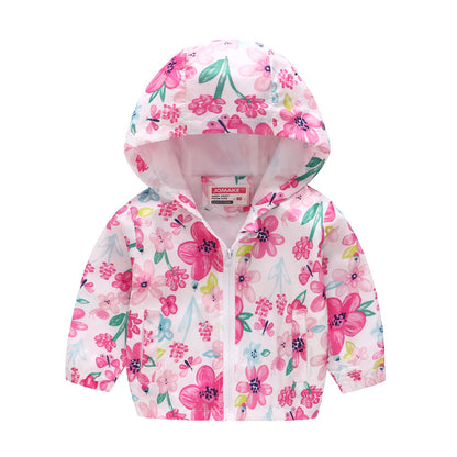 Kids Girls Colorful Cartoon Prints Windproof Hooded Jackets childrensterritory