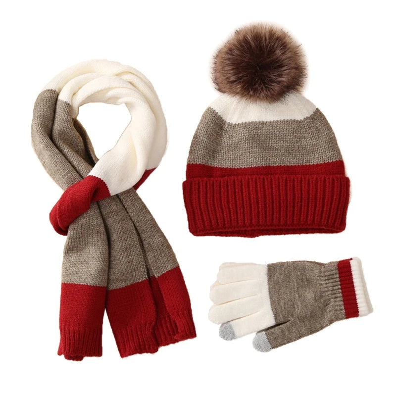 Little Boys and Girls Knitted Warm Plush Hat Scarf Gloves Set