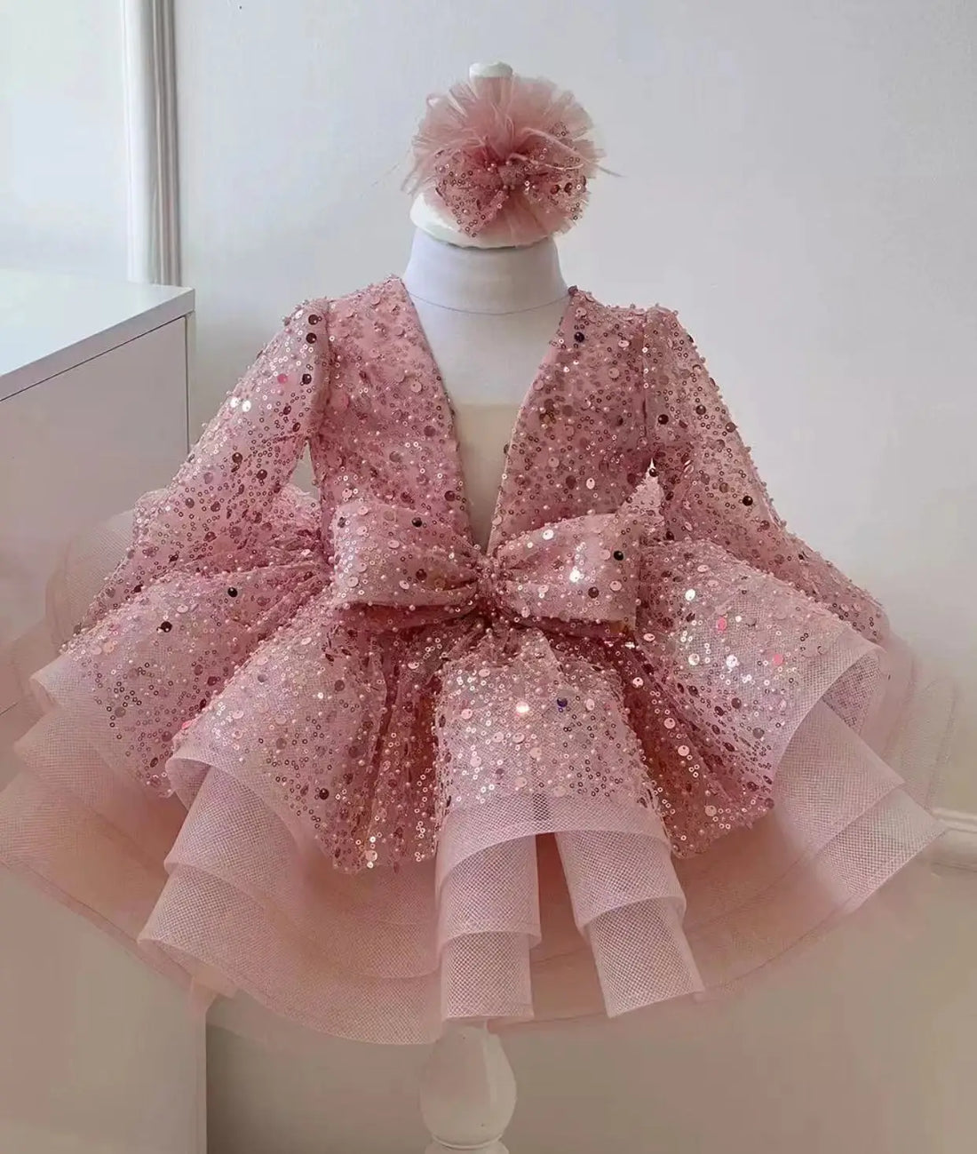 Puffy Glitter Sequined Flower Girl Dress with Detachable Train