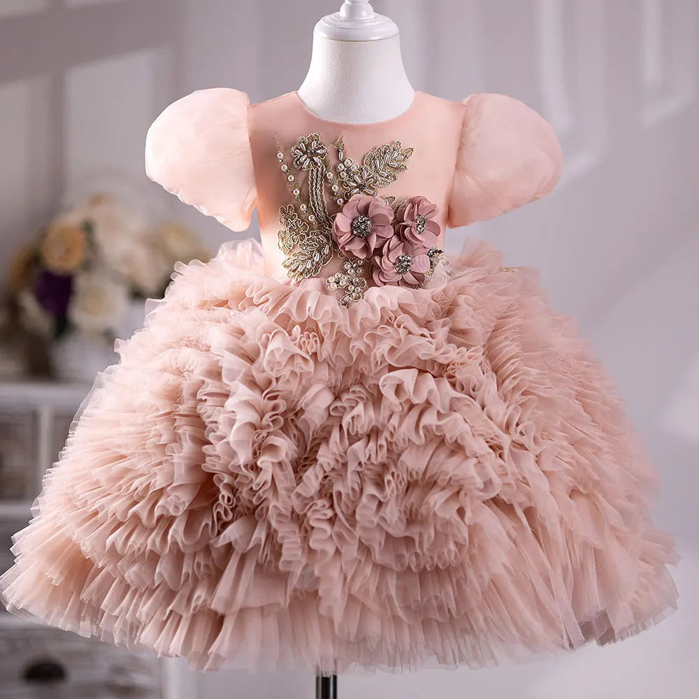 Little Girls Puffy Designer Short Sleeve Birthday Party Dresses