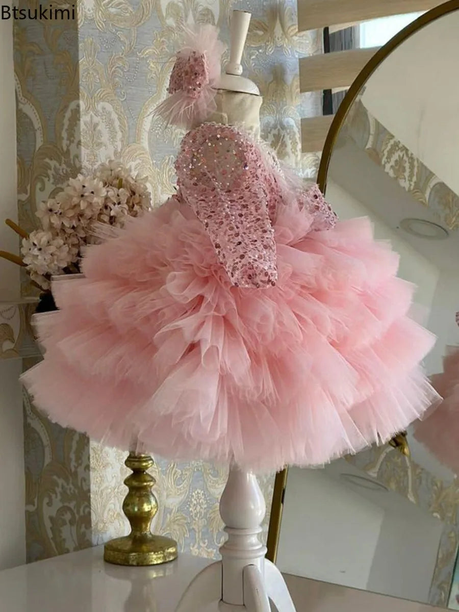 Gorgeous V-neck Sequin Design Little Girls Mesh Cake Dress