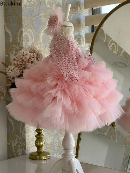 Gorgeous V-neck Sequin Design Little Girls Mesh Cake Dress