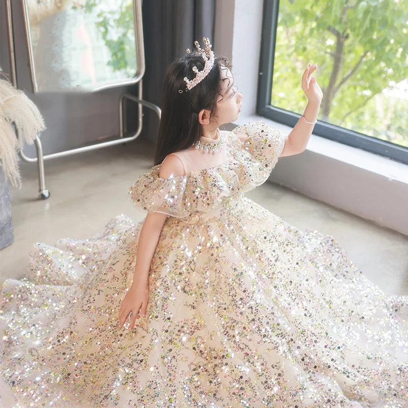 Kids Girls Fluffy Gauze Sequins Gown Evening Princess Dress childrensterritory