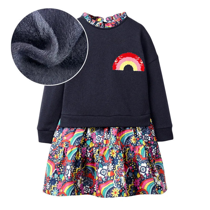 Kids Girls Inside Fleece New Style Long Sleeve Warm Dresses childrensterritory
