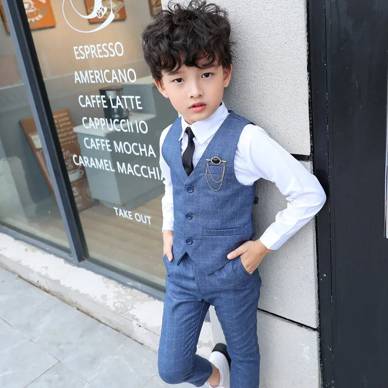 Slim Fit Kids Boys Plaid Vest Formal Wedding/Party Suit Sets