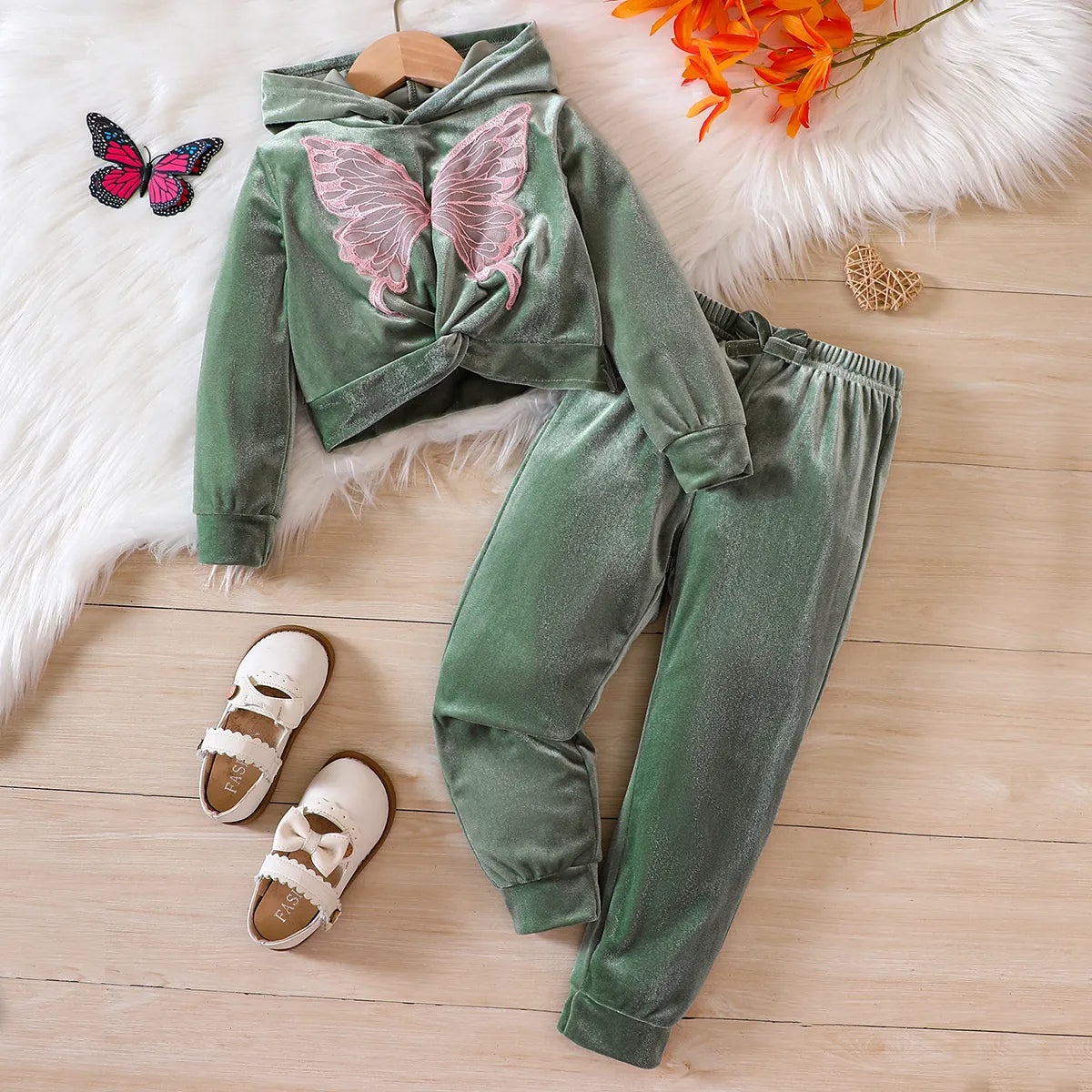 Kids Girls Hooded Butterfly Sweater with Long Pants Set childrensterritory