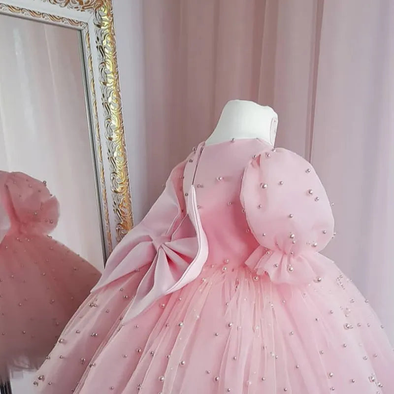 Pearl Decorated Puffy Pink Princess Dress for Girl&