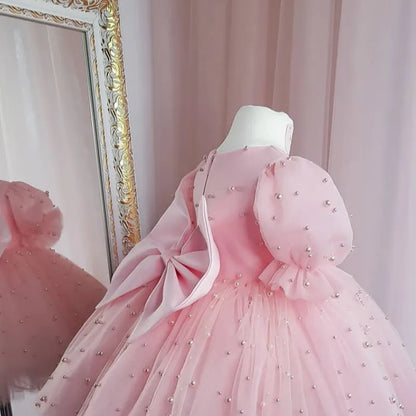 Pearl Decorated Puffy Pink Princess Dress for Girl&