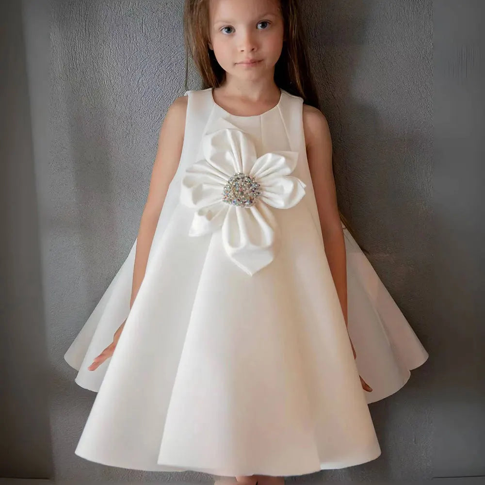 Girls' Stylish A-Line Puffy Satin Dress with Flower Pattern