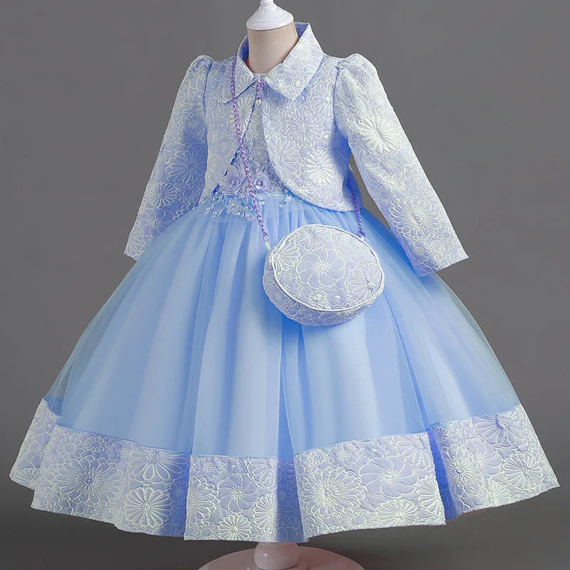 Elegant Long Sleeve Girls' Embroidery Flower Dresses