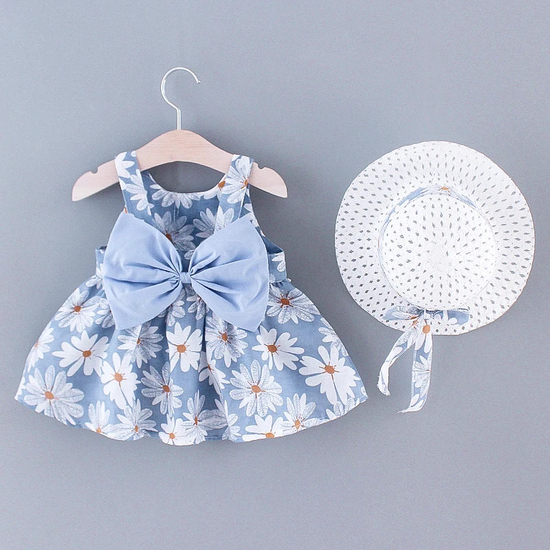 Sleeveless Bow Design Printed Summer Dresses For Girls
