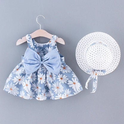 Sleeveless Bow Design Printed Summer Dresses For Girls