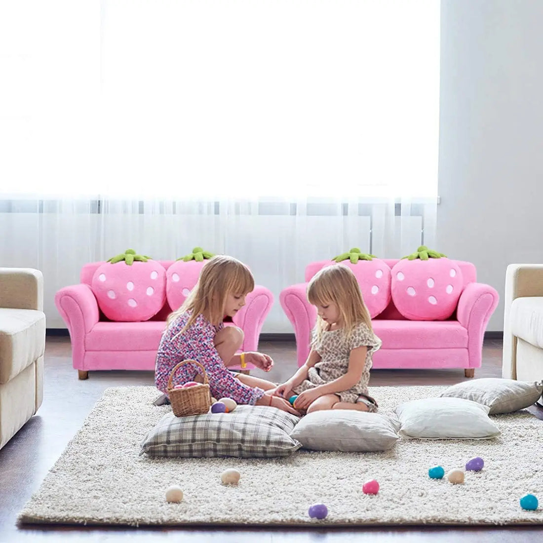 Upholstered Two-seater Toddler Sofa with Strawberry Pillows