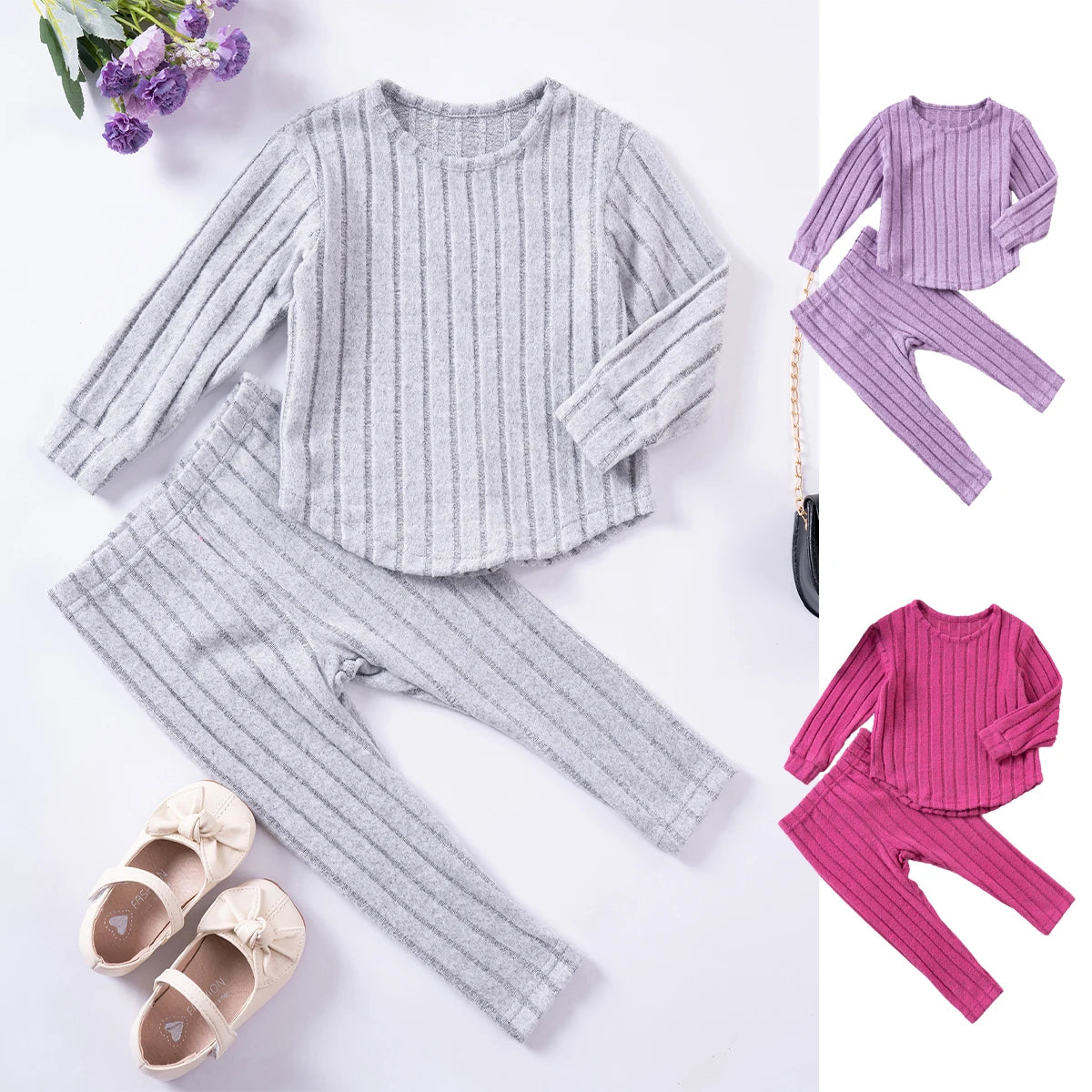 Solid Color Long-sleeved Casual Top and Pants Set for Little Girls