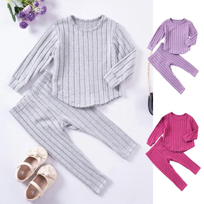 Solid Color Long-sleeved Casual Top and Pants Set for Little Girls