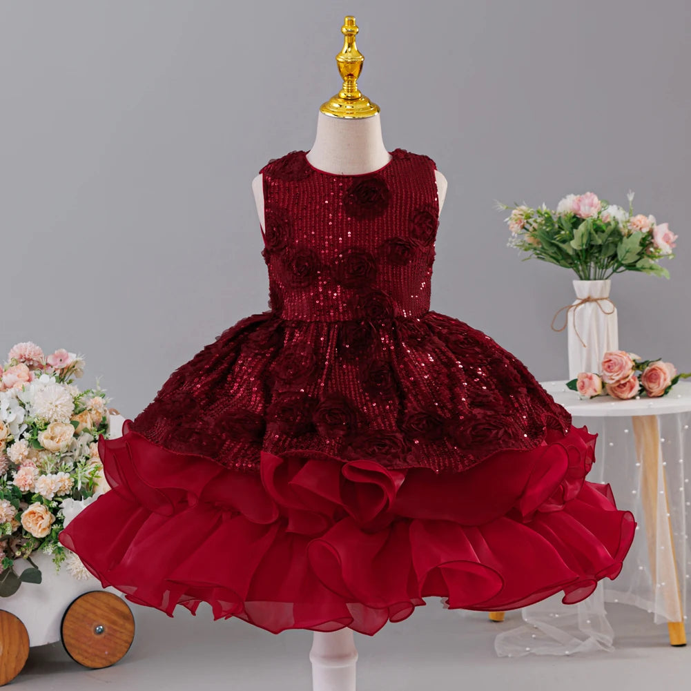 Sleeveless Fluffy Floral Birthday Party Dresses For Girls