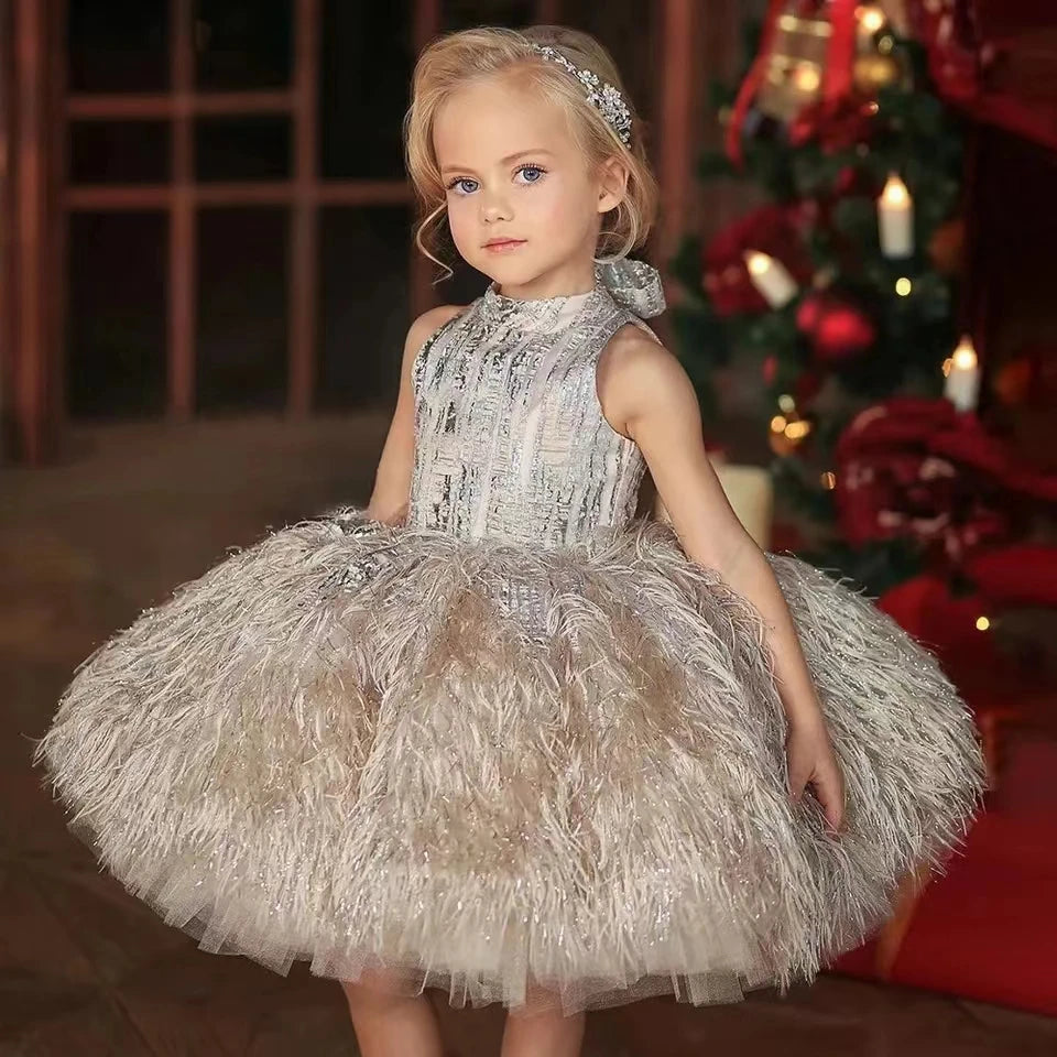 Girls Fluffy Feather &amp; O Neck Sleeveless Ball Gown/Party Dress
