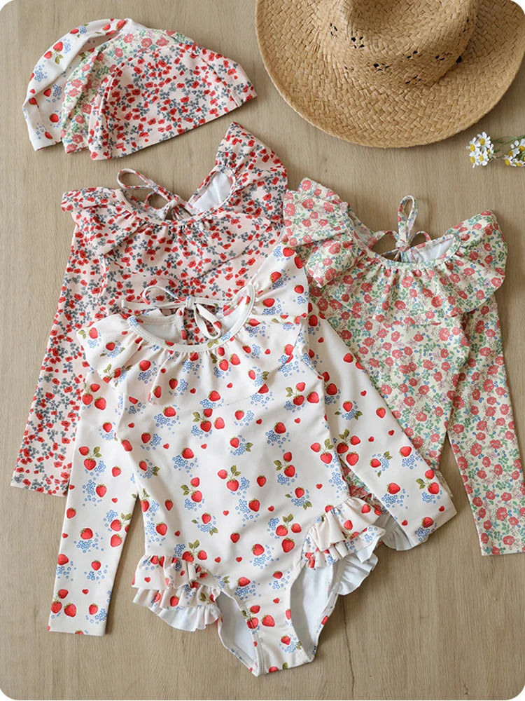 O-Neck and Long Sleeve Kid Girl Floral Bodysuit Swimwear