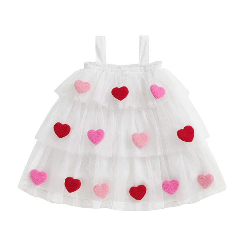 3D Plush Heart Design Layered Tulle Dress for Girls childrensterritory