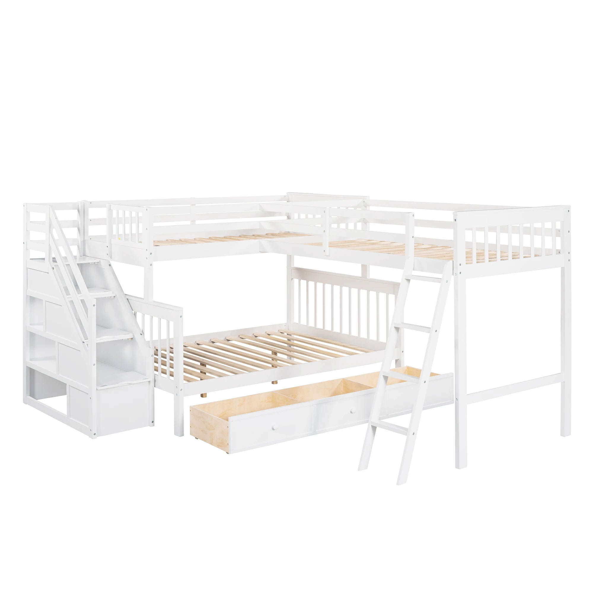 L-shaped Full Bunk Bed with Three Drawers and a Staircase childrensterritory