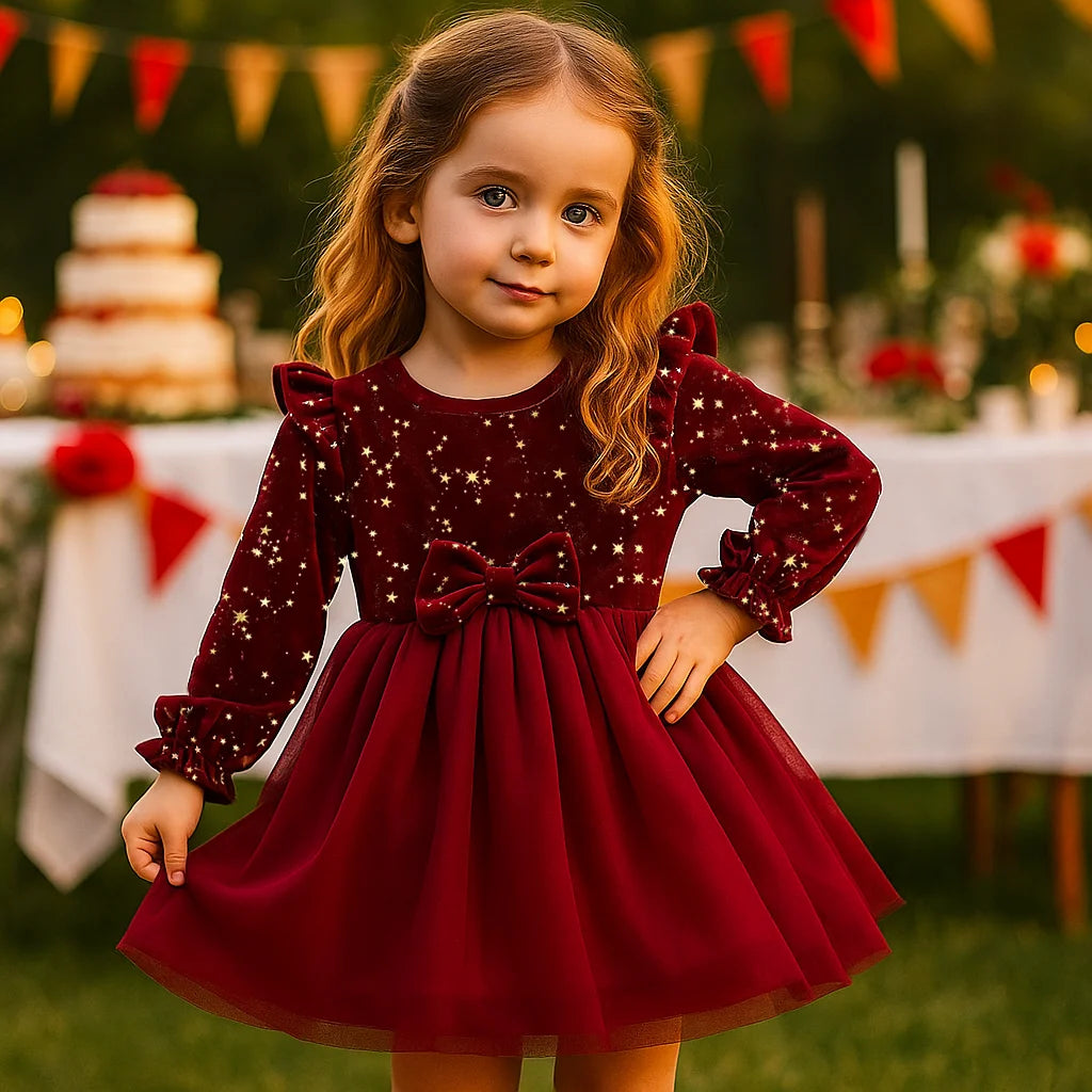 Girls' Long-Sleeved Bow Design Party Dresses childrensterritory