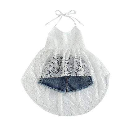 Kids Girls Sleeveless Halter Top + Denim Shorts Set childrensterritory