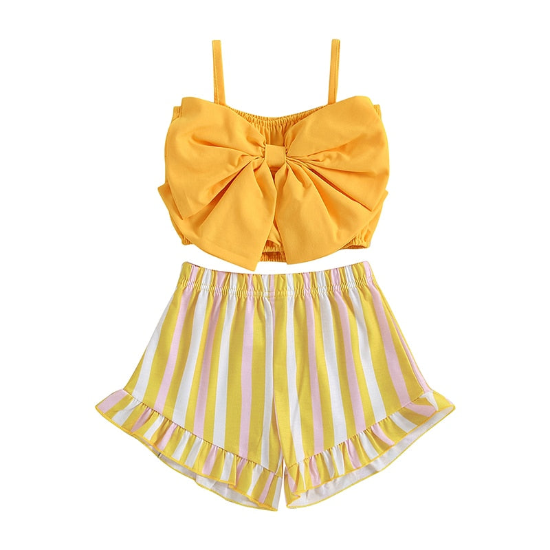 Kids Girl 2Pcs Big Bow Vest Top and Striped Floral Shorts Outfit childrensterritory