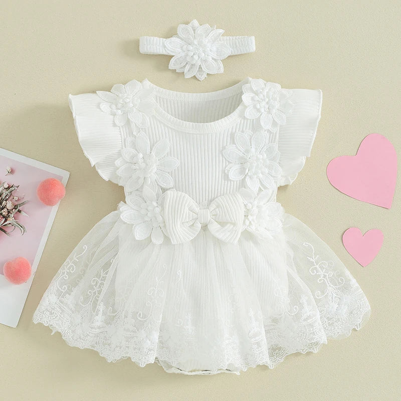Newborn Girls Patchwork Ruffle Rompers Dress with Headband childrensterritory