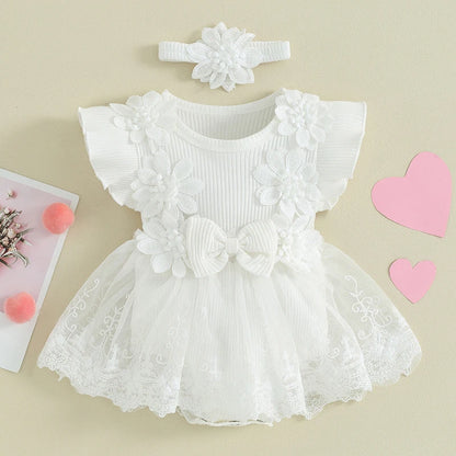 Newborn Girls Patchwork Ruffle Rompers Dress with Headband childrensterritory