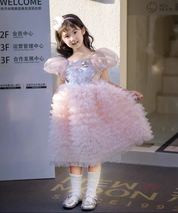 Little Girls Pink Tulle Tiered Gown for Birthday, Wedding, Baptism