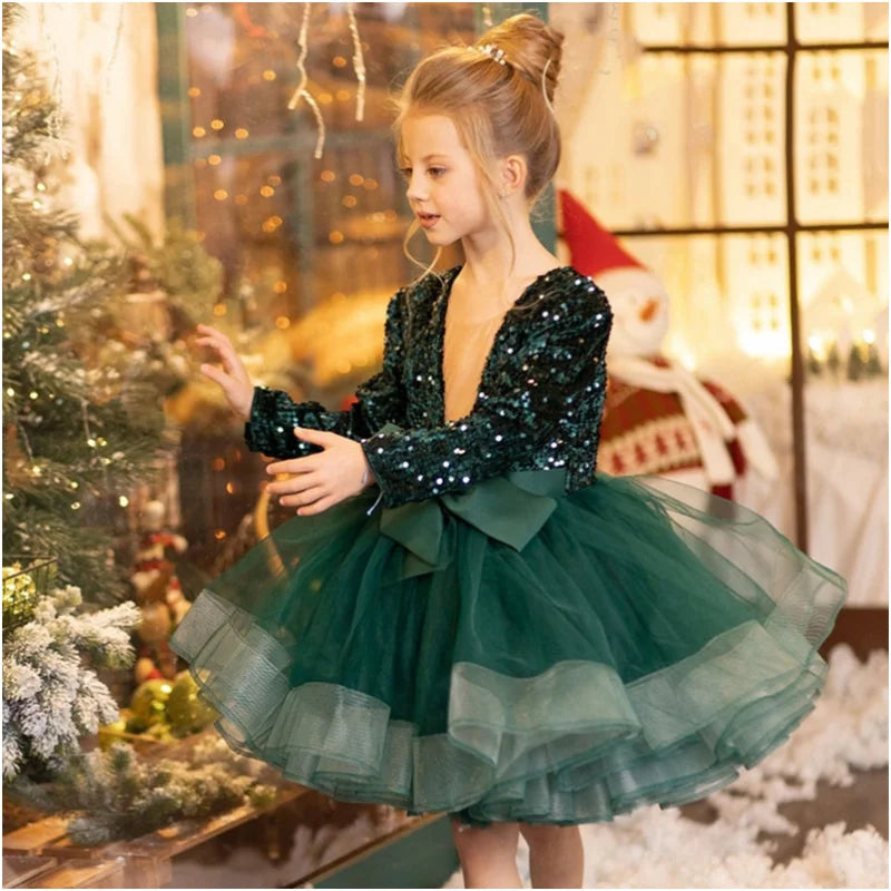 Kid Girls Ball Gown/Party Dress with a Deep V Neck &amp; Big Bow Puff