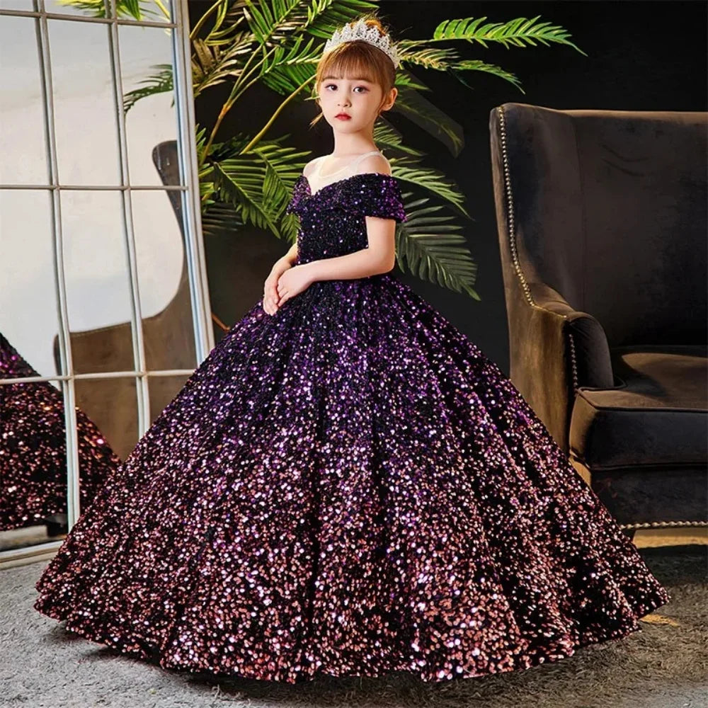 Little Girl Deep Purple Sequin Luxury Gowns/Party Dresses