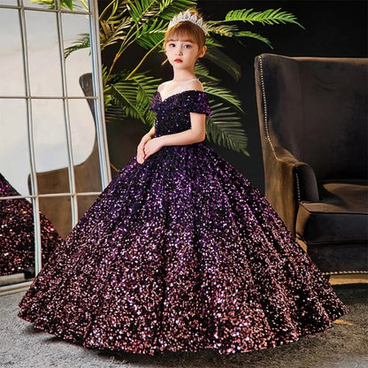 Little Girl Deep Purple Sequin Luxury Gowns/Party Dresses