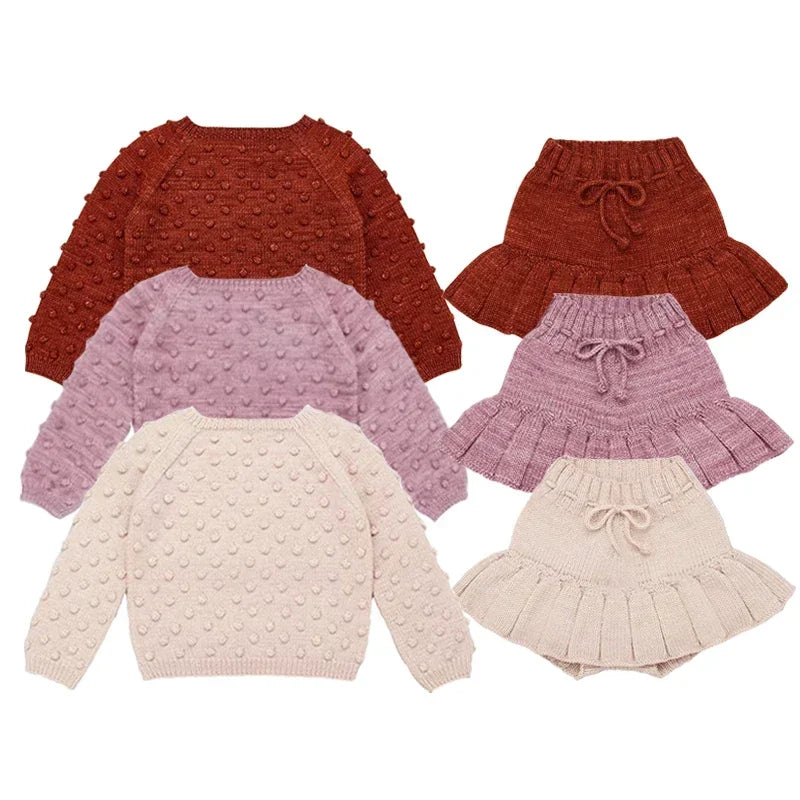 Toddler Girls Popcorn Chunky Knit Pullover Tops and Skirt Set childrensterritory