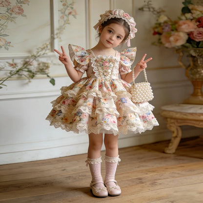 Kids Girls Floral Print Lace Patchwork Summer Princess Dress