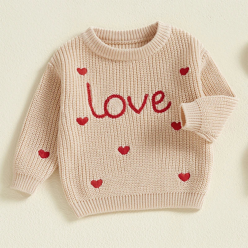Baby Girl Heart Print Crew Neck Knitted Sweaters childrensterritory