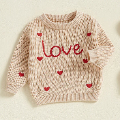 Baby Girl Heart Print Crew Neck Knitted Sweaters childrensterritory