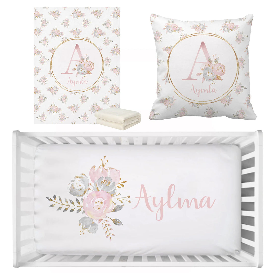 Baby Shower Gift: Customized Blush Gold Floral Bedding Set