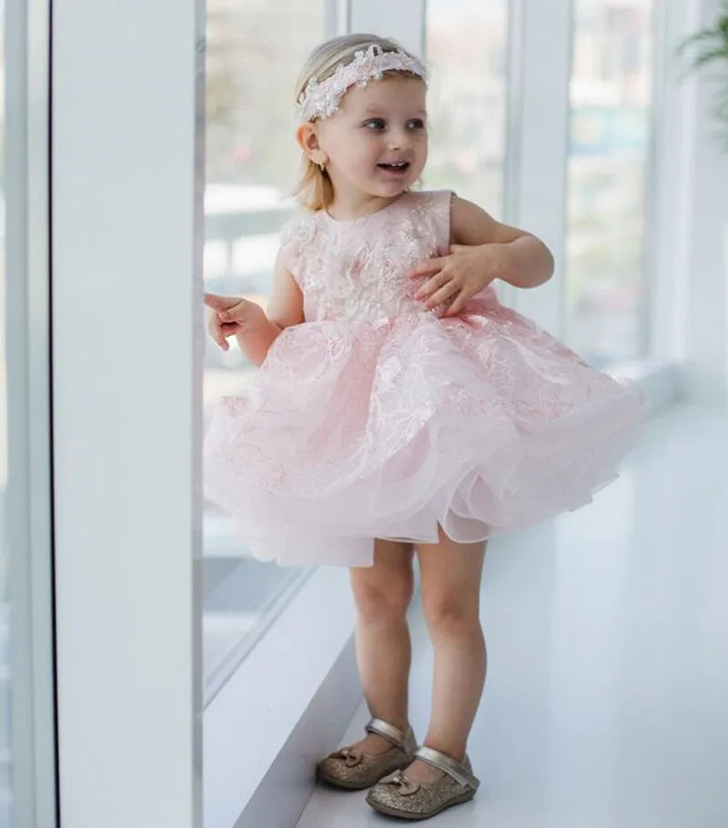 Puffy Lace Embroidery Bow-Design Christening/Party Dress for Girls childrensterritory