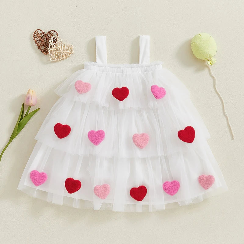 3D Plush Heart Design Layered Tulle Dress for Girls childrensterritory