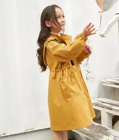 Kids Girls Long Hooded Windbreaker Trench Coats
