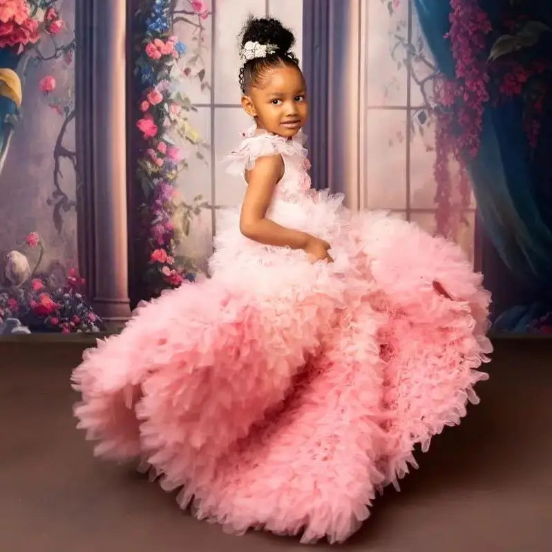Feather Sleeve Puffy Flower Girl Dresses for Birthday Party