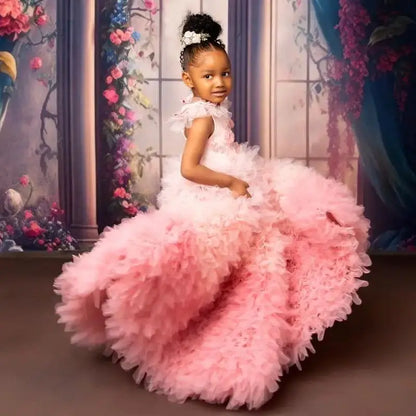Feather Sleeve Puffy Flower Girl Dresses for Birthday Party