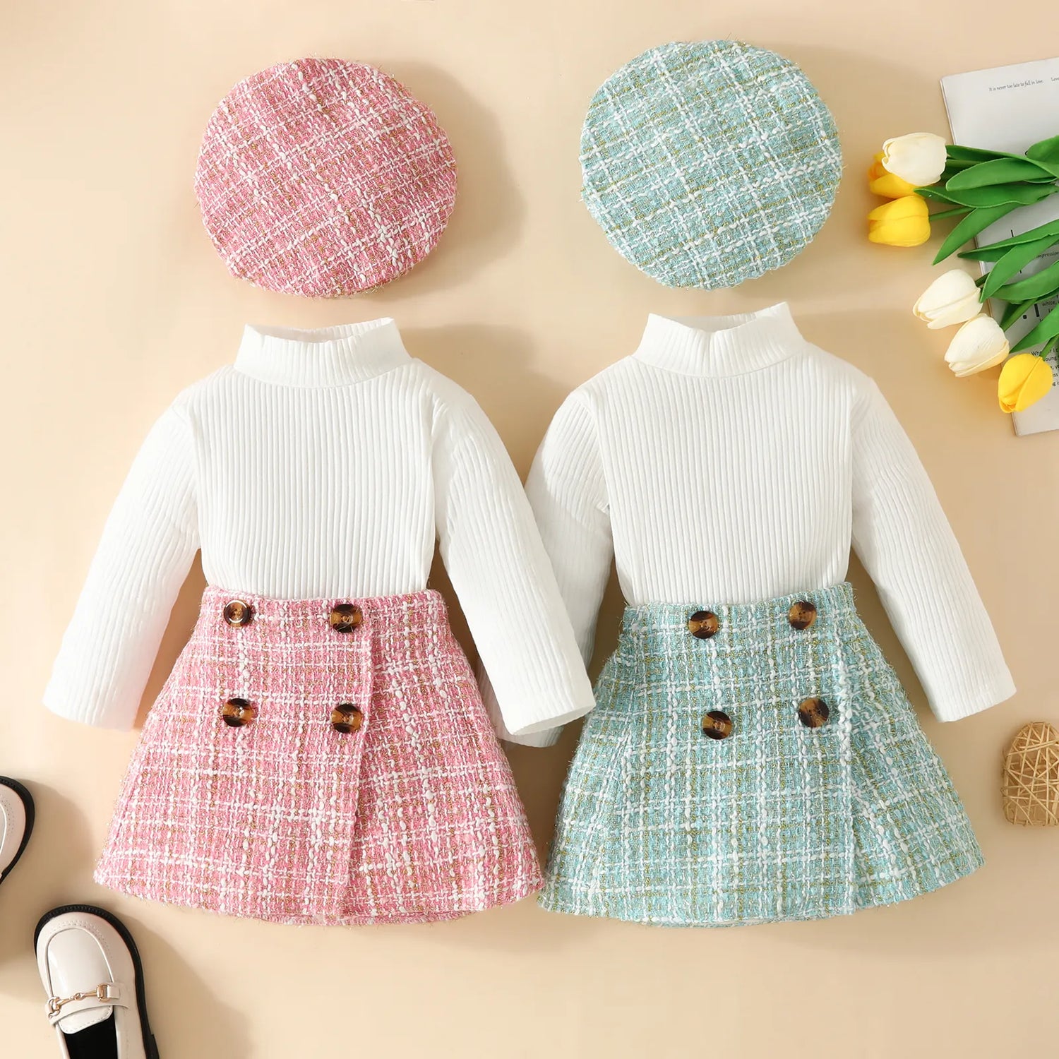 Baby Girls Knit Long Tops and Plaid Skrits with Hat Outfits childrensterritory