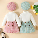 Baby Girls Knit Long Tops and Plaid Skrits with Hat Outfits childrensterritory