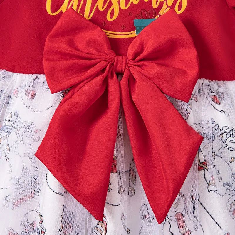 Girls' Long-Sleeved Bow Design Christmas Party Dresses