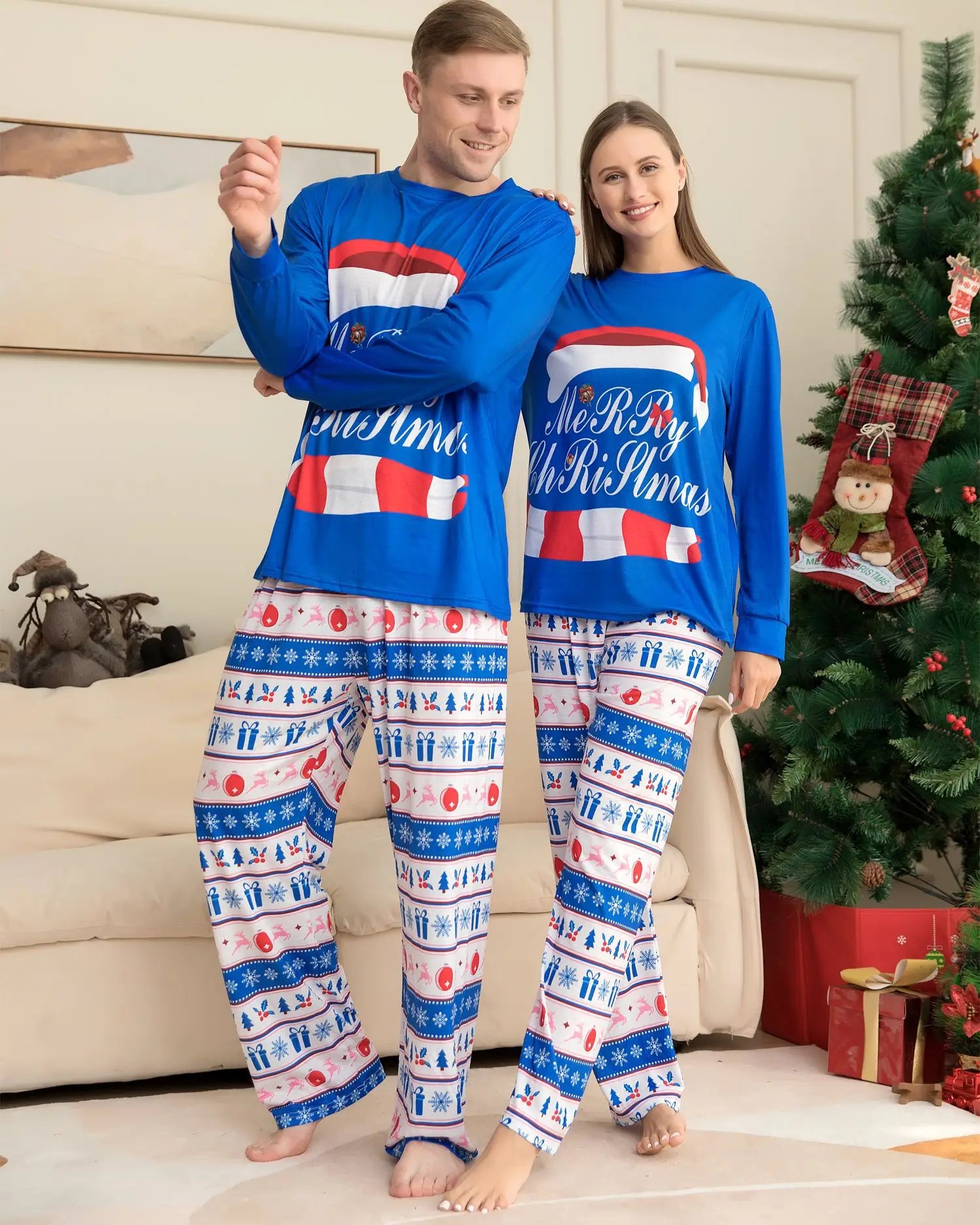 Letter Printed Christmas Family Pajamas Sets in Blue Color childrensterritory