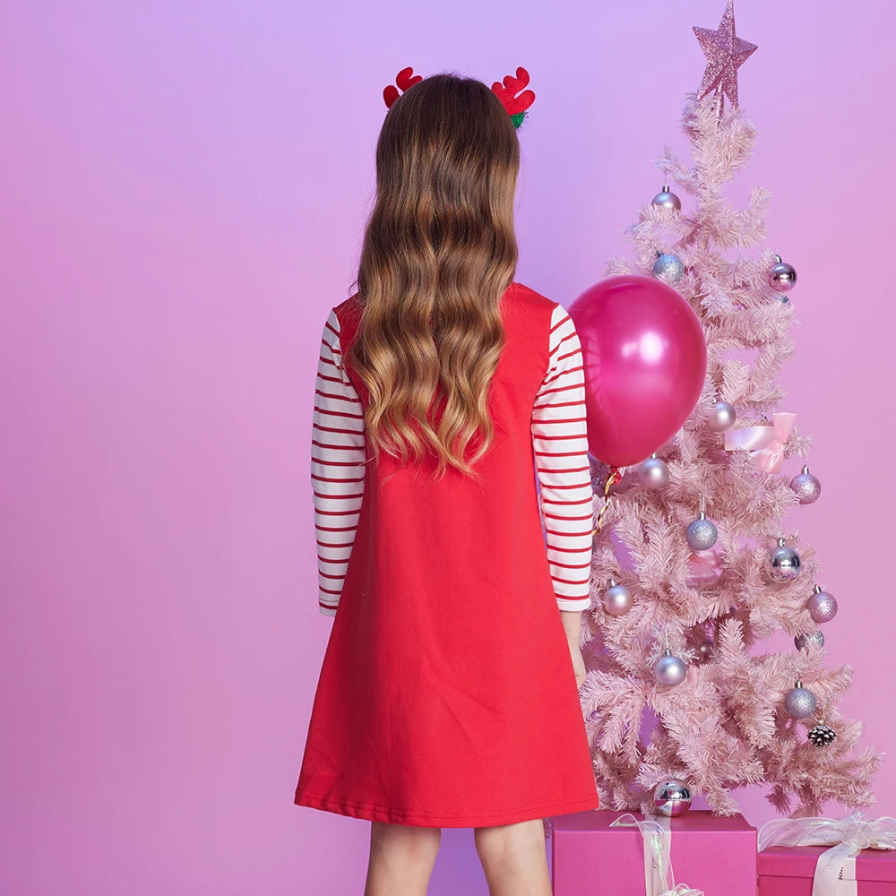 Cute Girls Long Sleeve Stripes Snowman Printed Dress childrensterritory
