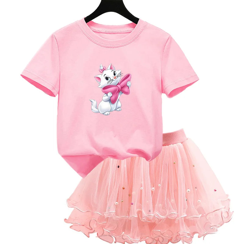 Kids Girls Marie Cat Design Summer T-shirt &amp; Tutu Skirt Set childrensterritory